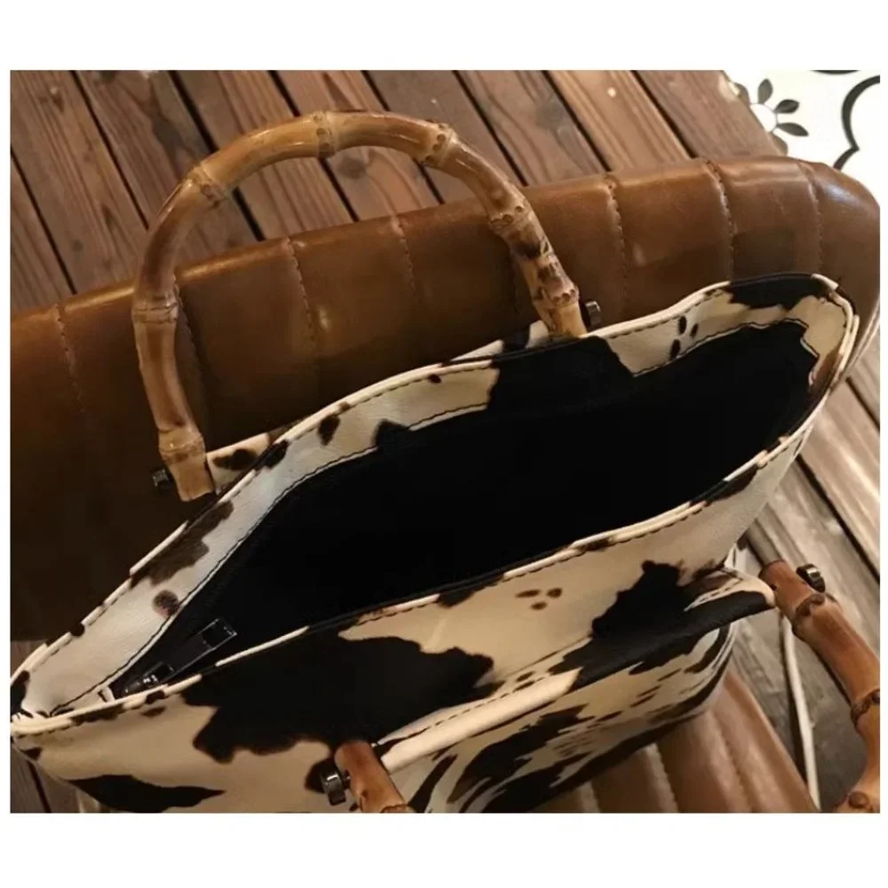 Cow Print Handbag Bamboo Handle Purse Womens Western Collapsible Top Handle Bag